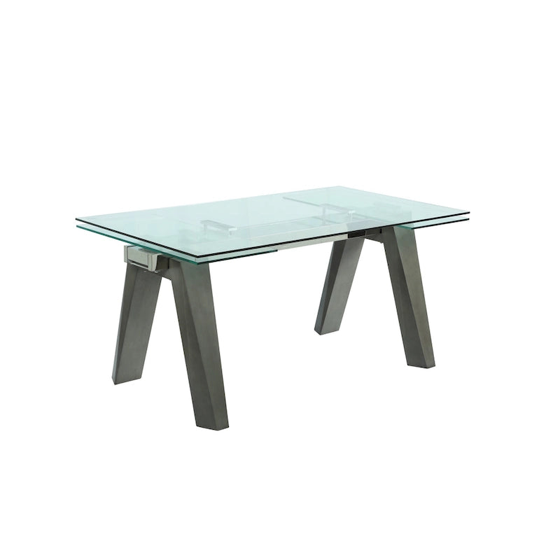 Table à manger extensible avec plateau en verre et pieds en bois massif
