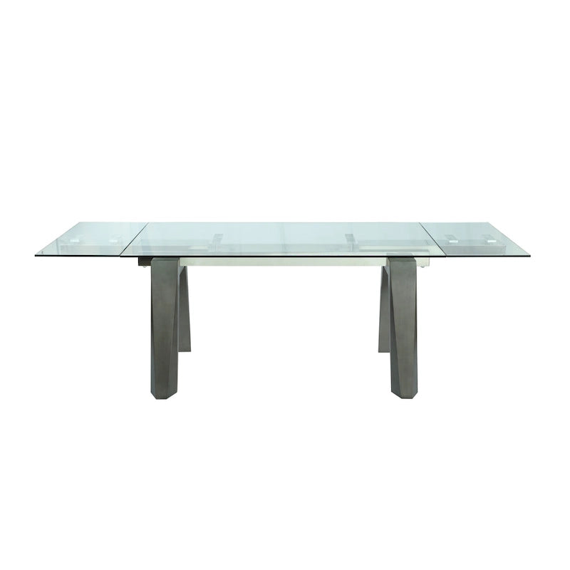 Table à manger extensible avec plateau en verre et pieds en bois massif