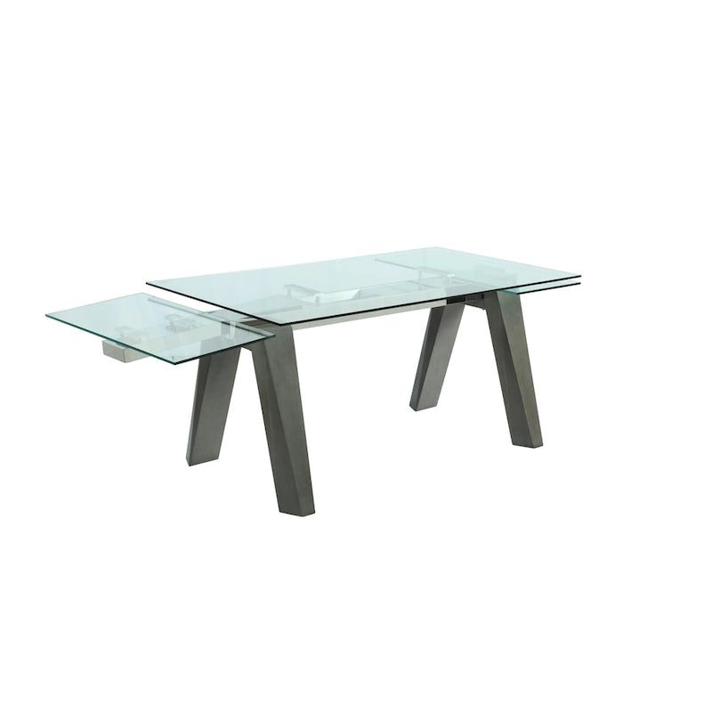 Table à manger extensible avec plateau en verre et pieds en bois massif