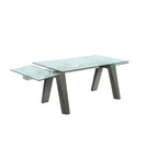 Table à manger extensible avec plateau en verre et pieds en bois massif