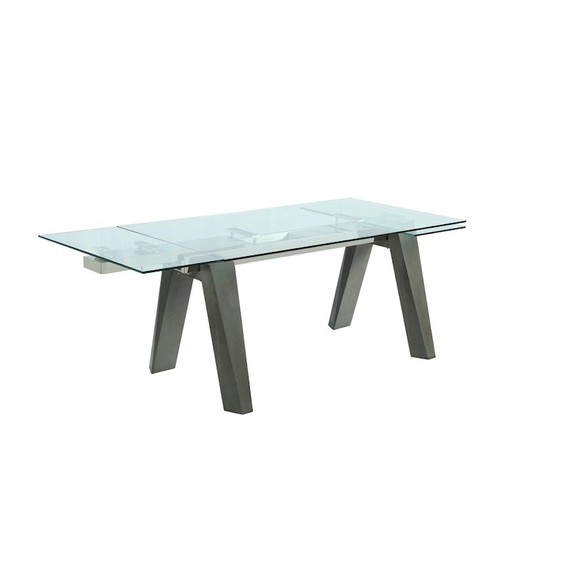 Table à manger extensible avec plateau en verre et pieds en bois massif