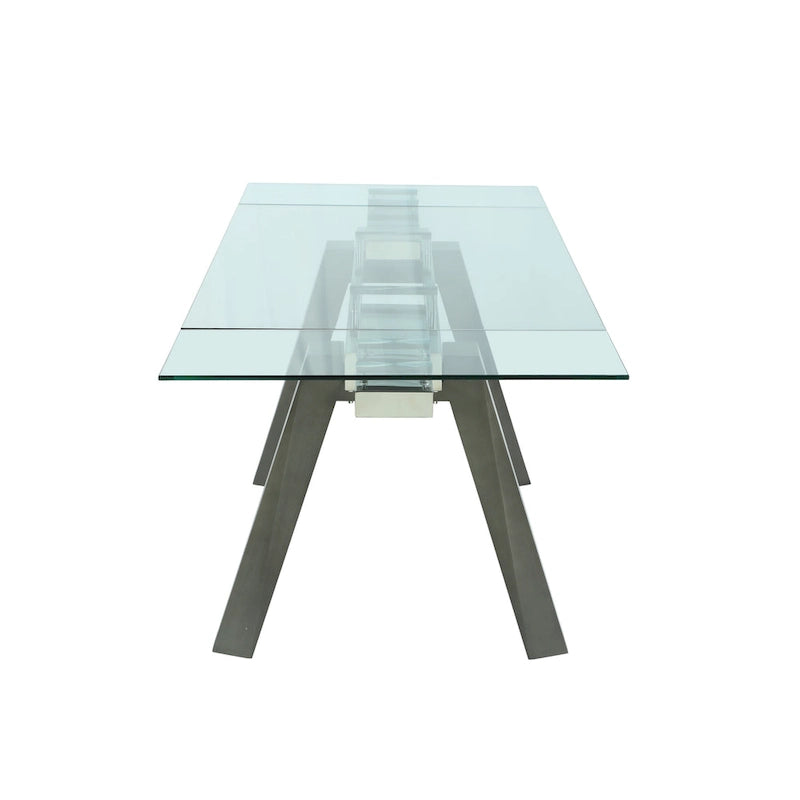 Table à manger extensible avec plateau en verre et pieds en bois massif