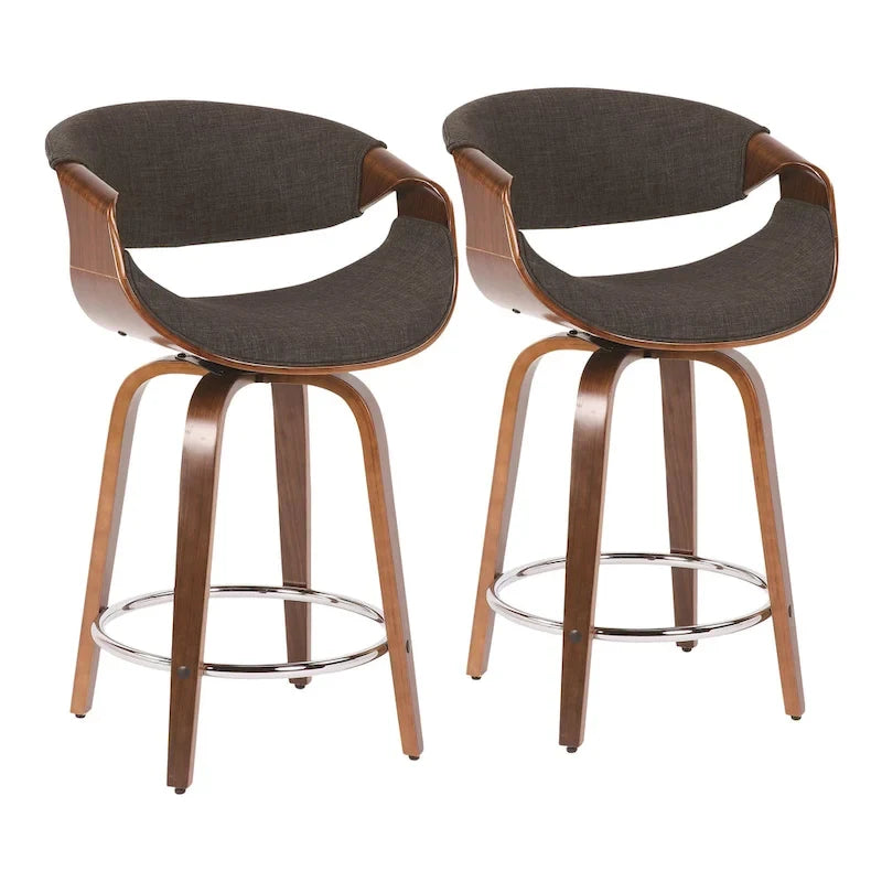 Tabourets de comptoir à hauteur fixe 24" avec pieds en bois courbé et repose-pieds rond (Lot de 2)