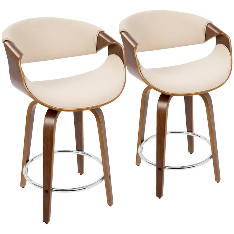 Tabourets de comptoir à hauteur fixe 24" avec pieds en bois courbé et repose-pieds rond (Lot de 2)