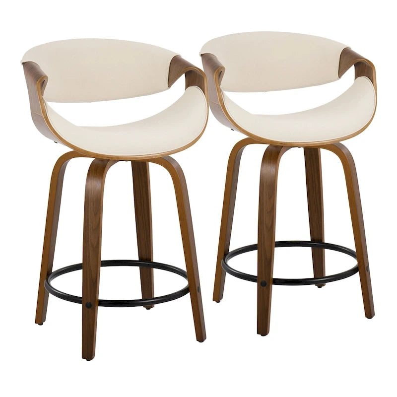 Tabourets de comptoir à hauteur fixe 24" avec pieds en bois courbé et repose-pieds rond (Lot de 2)
