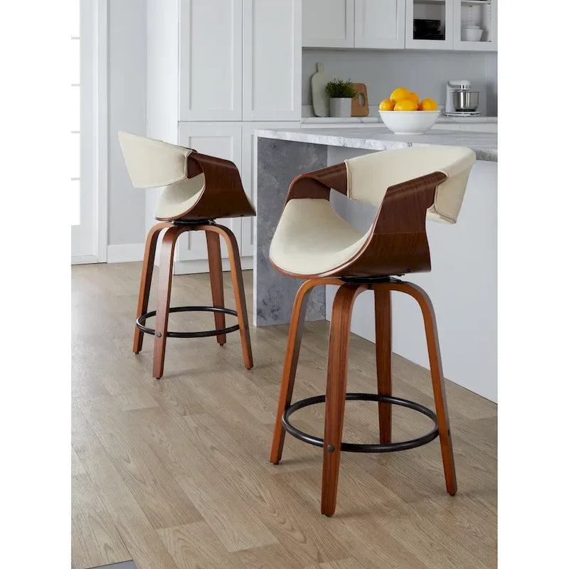 Tabourets de comptoir à hauteur fixe 24" avec pieds en bois courbé et repose-pieds rond (Lot de 2)