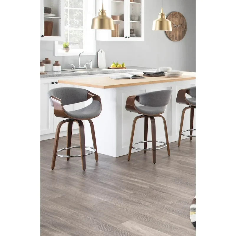 Tabourets de comptoir à hauteur fixe 24" avec pieds en bois courbé et repose-pieds rond (Lot de 2)