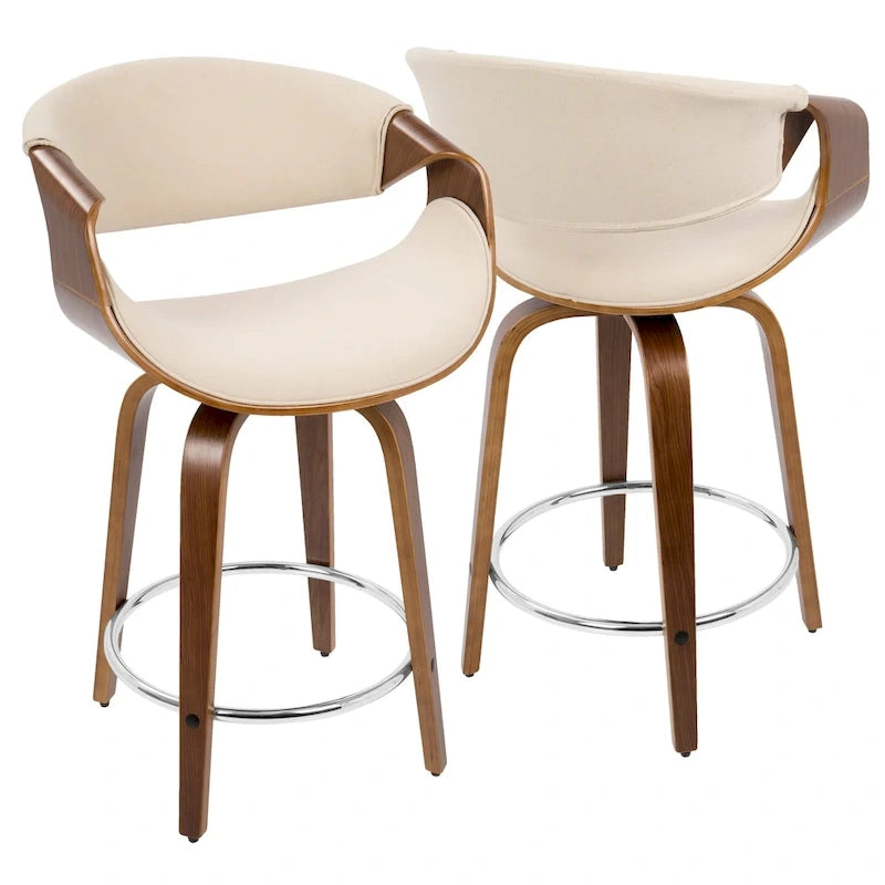 Tabourets de comptoir à hauteur fixe 24" avec pieds en bois courbé et repose-pieds rond (Lot de 2)