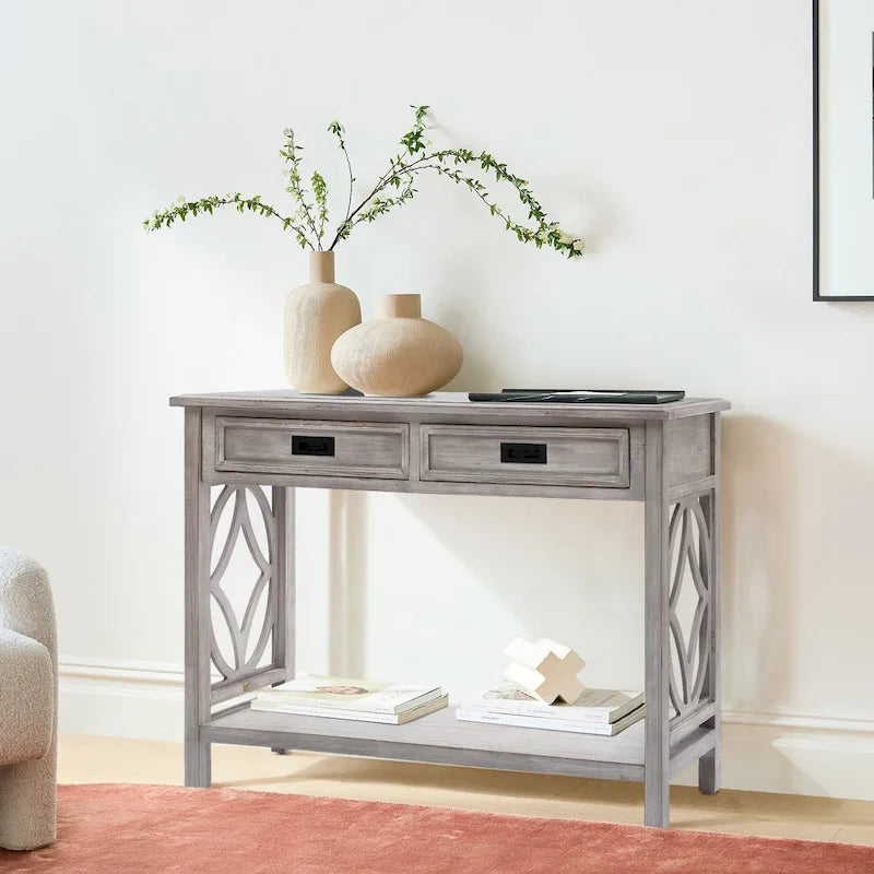 Console 2 tiroirs 1 étagère, bois gris vieilli, 83 cm (H) x 120 cm (L) x 35 cm (P)