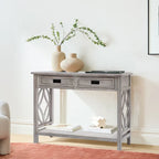 Console 2 tiroirs 1 étagère, bois gris vieilli, 83 cm (H) x 120 cm (L) x 35 cm (P)