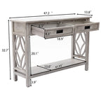 Console 2 tiroirs 1 étagère, bois gris vieilli, 83 cm (H) x 120 cm (L) x 35 cm (P)