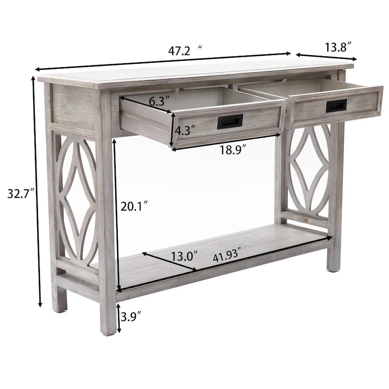 Console 2 tiroirs 1 étagère, bois gris vieilli, 83 cm (H) x 120 cm (L) x 35 cm (P)
