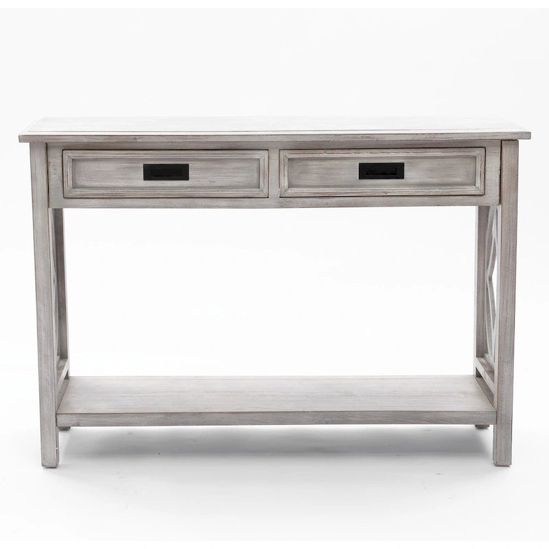 Console 2 tiroirs 1 étagère, bois gris vieilli, 83 cm (H) x 120 cm (L) x 35 cm (P)