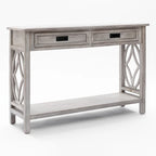 Console 2 tiroirs 1 étagère, bois gris vieilli, 83 cm (H) x 120 cm (L) x 35 cm (P)