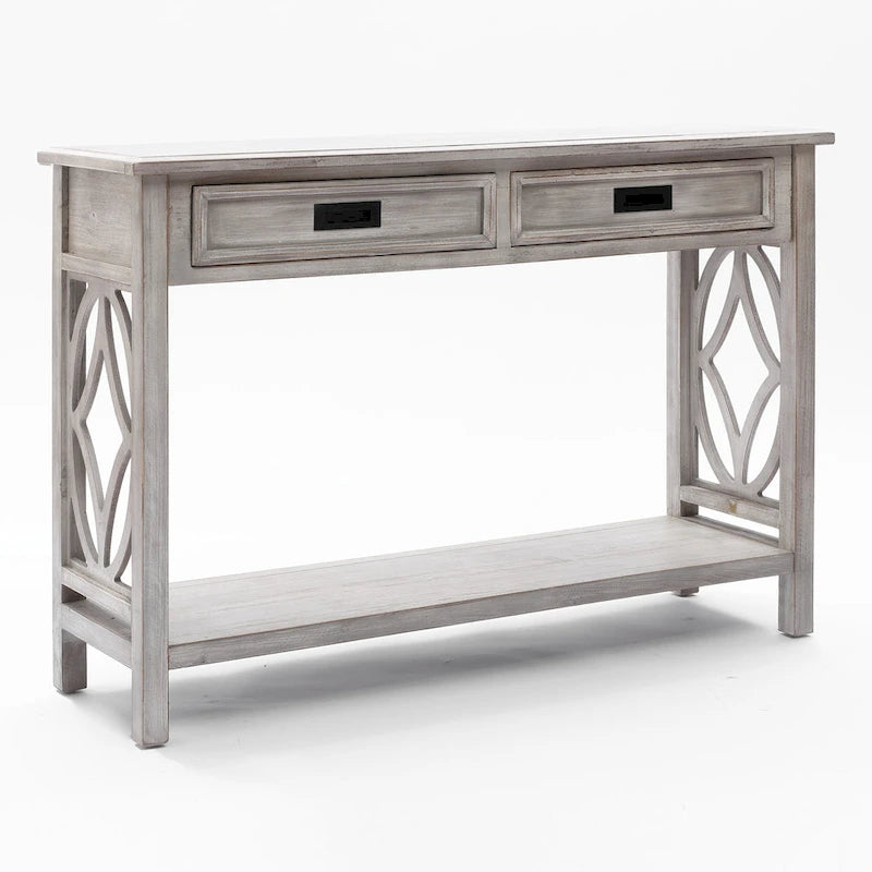 Console 2 tiroirs 1 étagère, bois gris vieilli, 83 cm (H) x 120 cm (L) x 35 cm (P)