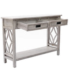 Console 2 tiroirs 1 étagère, bois gris vieilli, 83 cm (H) x 120 cm (L) x 35 cm (P)