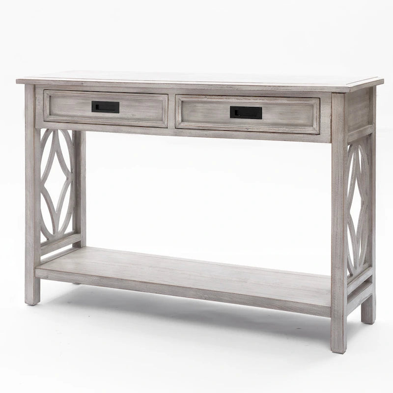 Console 2 tiroirs 1 étagère, bois gris vieilli, 83 cm (H) x 120 cm (L) x 35 cm (P)
