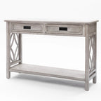 Console 2 tiroirs 1 étagère, bois gris vieilli, 83 cm (H) x 120 cm (L) x 35 cm (P)