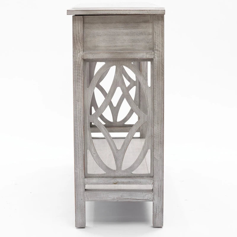 Console 2 tiroirs 1 étagère, bois gris vieilli, 83 cm (H) x 120 cm (L) x 35 cm (P)