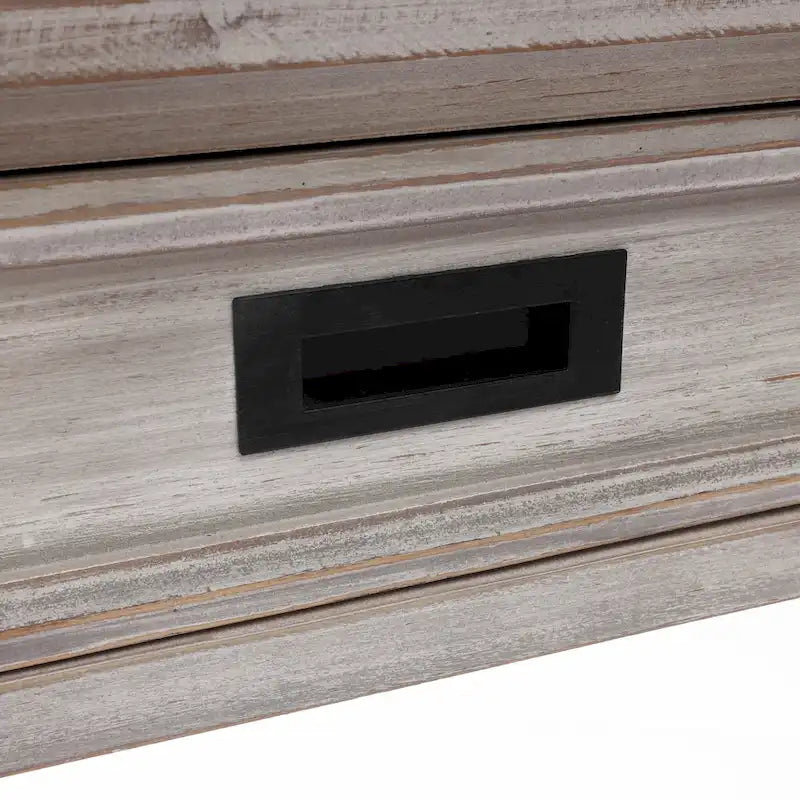 Console 2 tiroirs 1 étagère, bois gris vieilli, 83 cm (H) x 120 cm (L) x 35 cm (P)