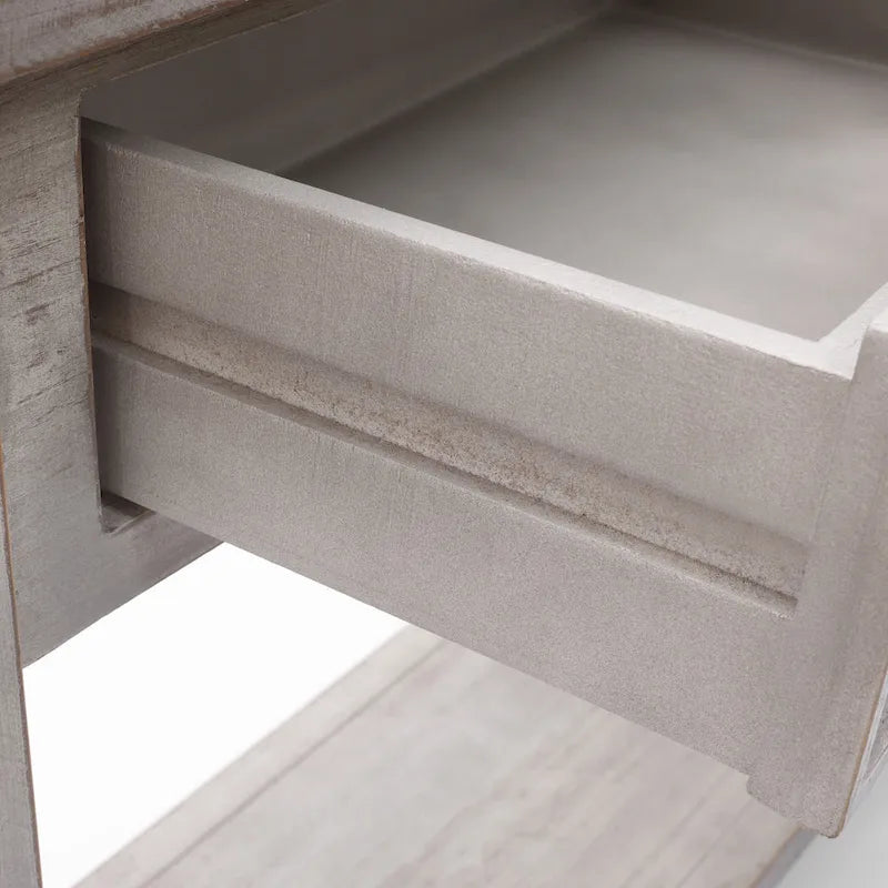 Console 2 tiroirs 1 étagère, bois gris vieilli, 83 cm (H) x 120 cm (L) x 35 cm (P)