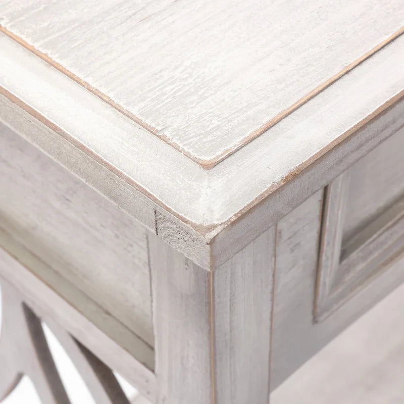 Console 2 tiroirs 1 étagère, bois gris vieilli, 83 cm (H) x 120 cm (L) x 35 cm (P)