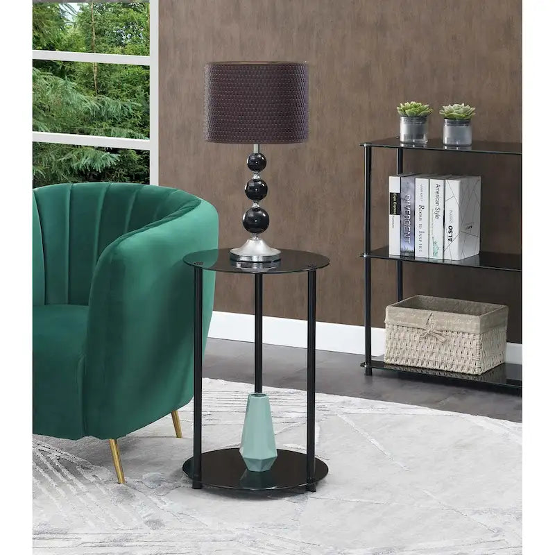 Table d'appoint ronde à 2 niveaux avec étagères en verre trempé