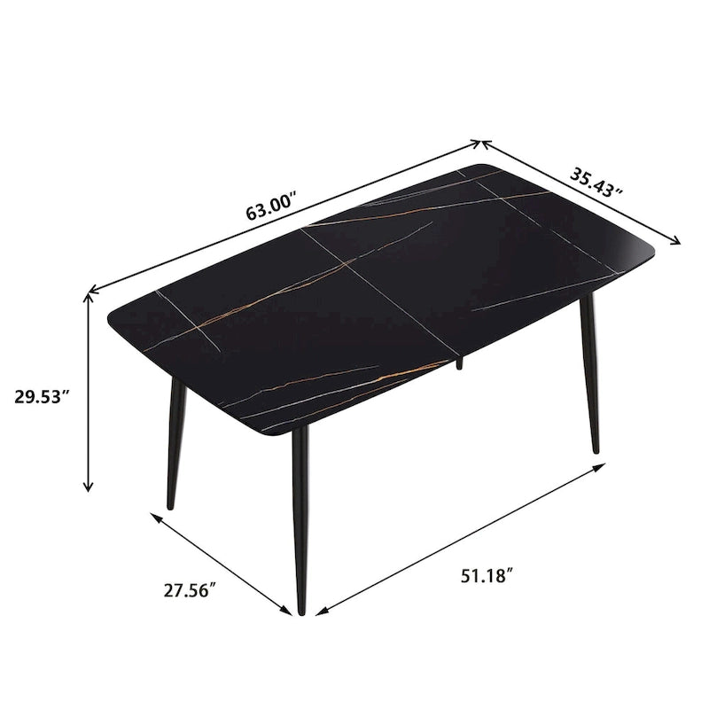 Table à manger de 63 pouces avec plateau en pierre frittée et base en métal
