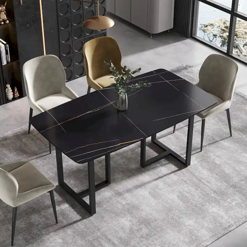Table à manger de 63 pouces avec plateau en pierre frittée et base en métal