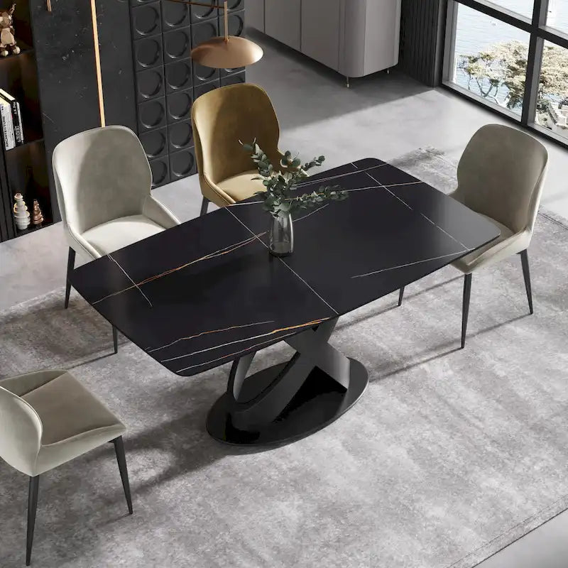 Table à manger de 63 pouces avec plateau en pierre frittée et base en métal