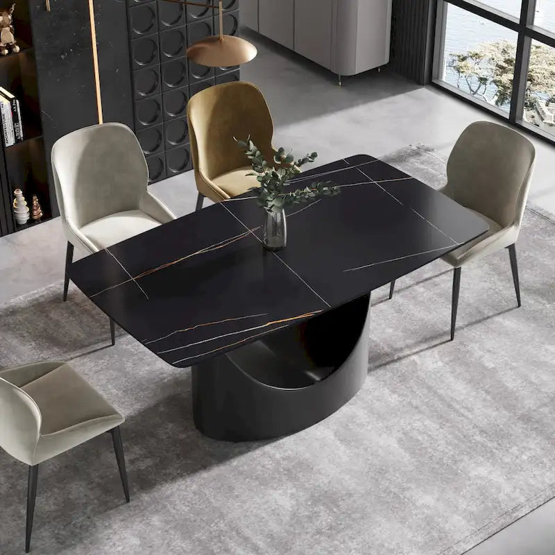 Table à manger de 63 pouces avec plateau en pierre frittée et base en métal