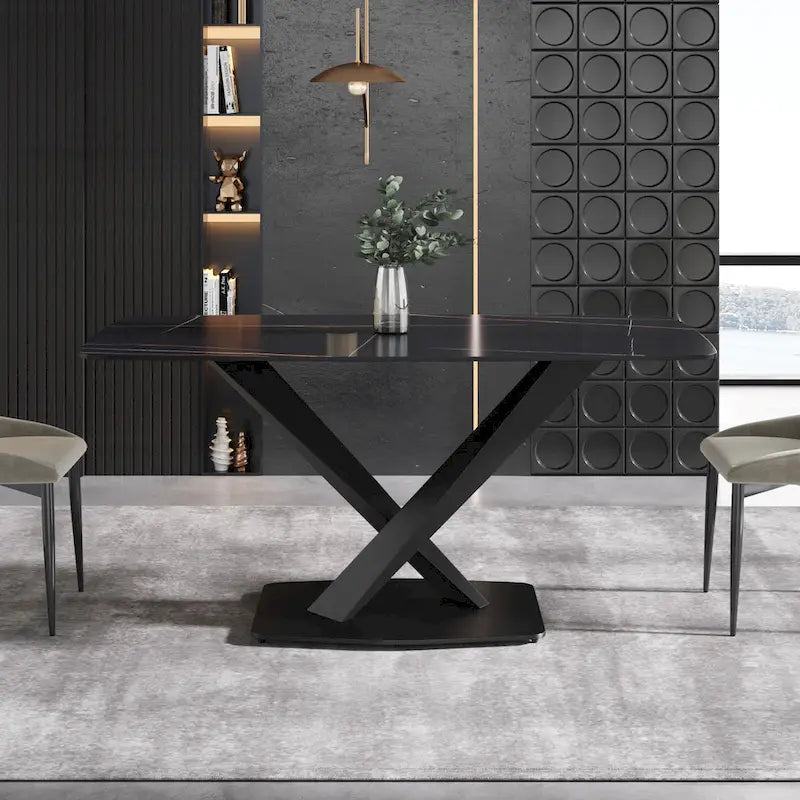 Table à manger de 63 pouces avec plateau en pierre frittée et base en métal