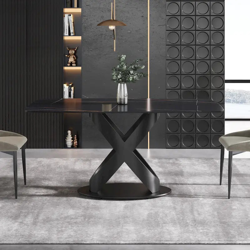 Table à manger de 63 pouces avec plateau en pierre frittée et base en métal