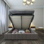 Lit plateforme capitonné en lin Queen Size avec système de rangement relevable