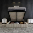 Lit plateforme capitonné en lin Queen Size avec système de rangement relevable