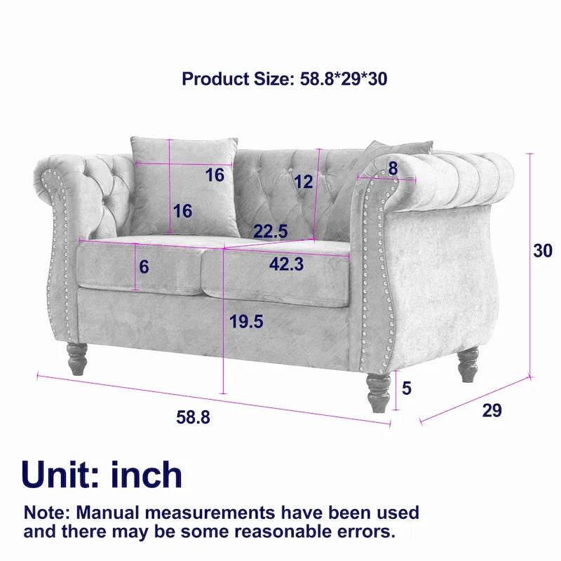 Canapé Chesterfield 2 places avec accoudoirs roulés et garniture cloutée – Velours noir