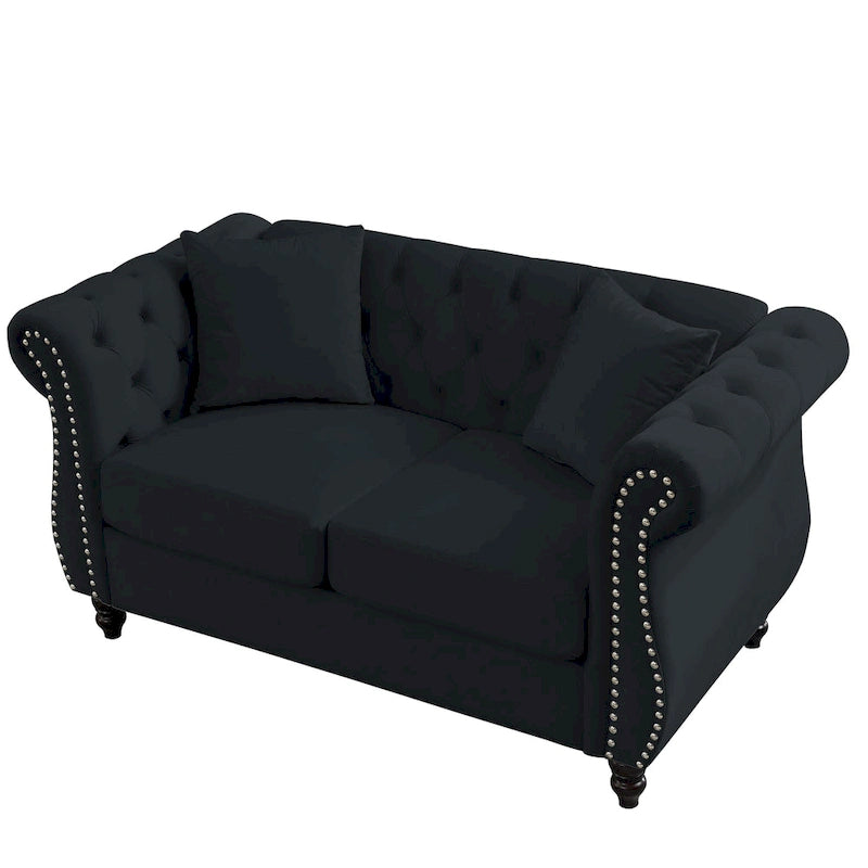 Canapé Chesterfield 2 places avec accoudoirs roulés et garniture cloutée – Velours noir