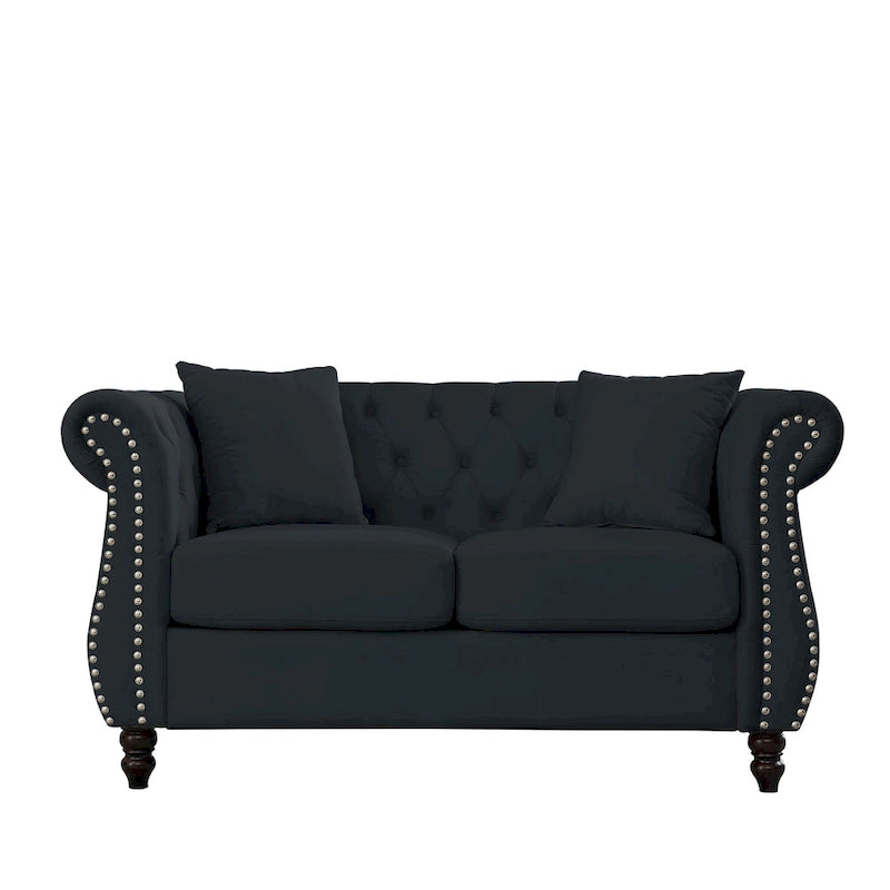 Canapé Chesterfield 2 places avec accoudoirs roulés et garniture cloutée – Velours noir