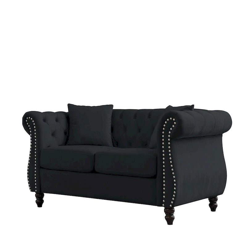 Canapé Chesterfield 2 places avec accoudoirs roulés et garniture cloutée – Velours noir