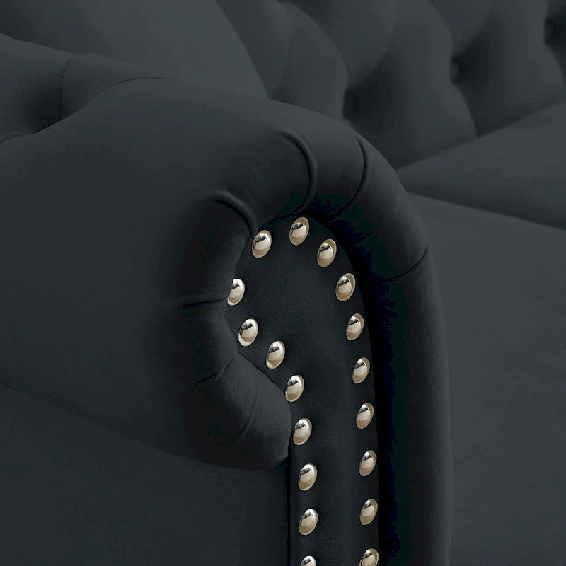 Canapé Chesterfield 2 places avec accoudoirs roulés et garniture cloutée – Velours noir