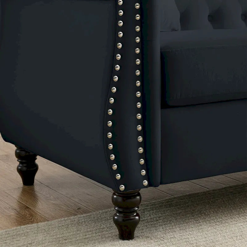 Canapé Chesterfield 2 places avec accoudoirs roulés et garniture cloutée – Velours noir