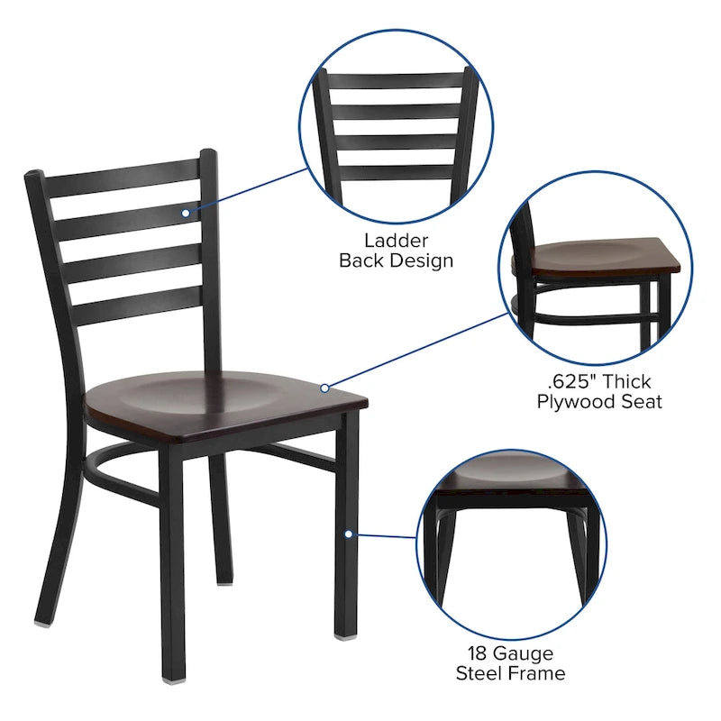 Chaise de salle à manger en métal à dossier échelle avec assise en bois