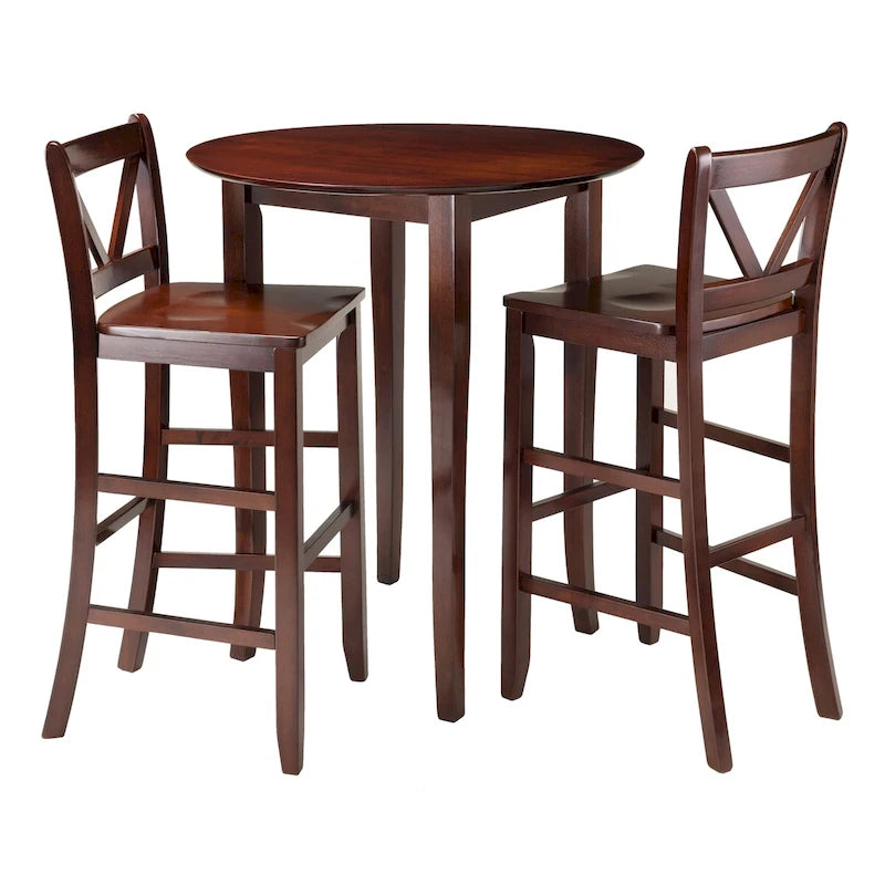 Table haute 3 pièces avec tabourets de bar à dossier en V - Noyer