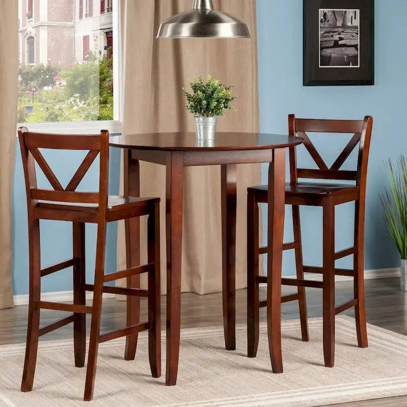Table haute 3 pièces avec tabourets de bar à dossier en V - Noyer