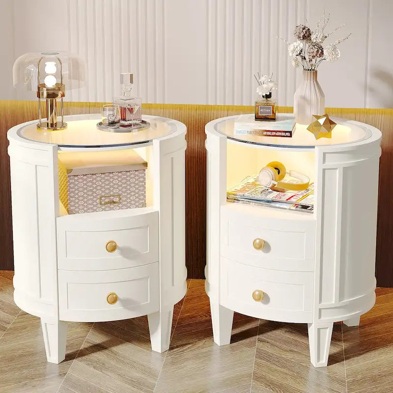 Table de chevet ronde avec 2 tiroirs, lumière LED et étagère ouverte – 64,7 cm de hauteur