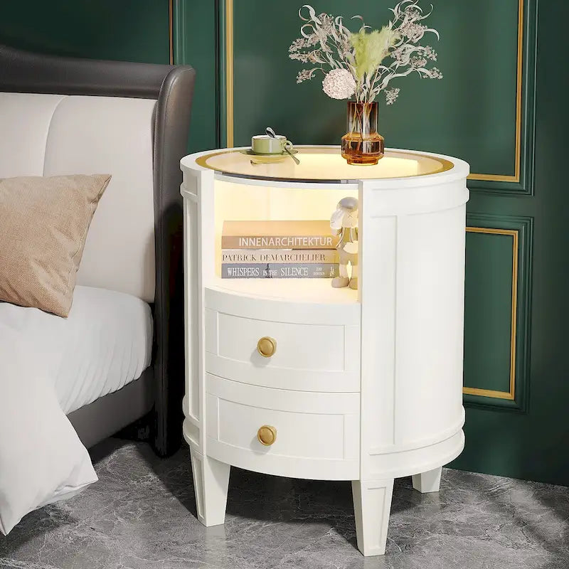 Table de chevet ronde avec 2 tiroirs, lumière LED et étagère ouverte – 64,7 cm de hauteur