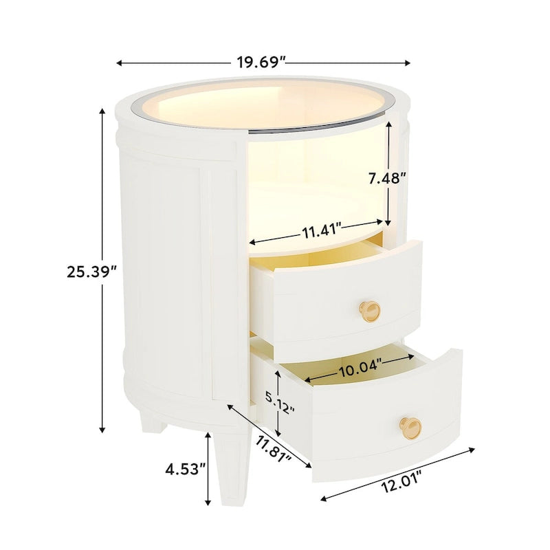 Table de chevet ronde avec 2 tiroirs, lumière LED et étagère ouverte – 64,7 cm de hauteur