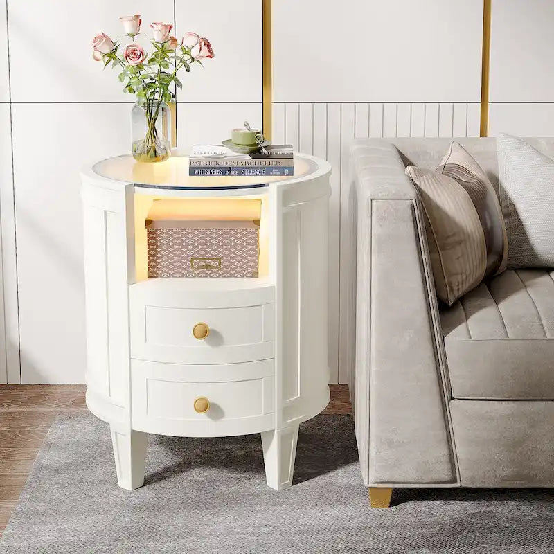 Table de chevet ronde avec 2 tiroirs, lumière LED et étagère ouverte – 64,7 cm de hauteur