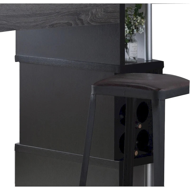 Table de bar avec étagères latérales à 3 niveaux et supports à verres à vin, grise