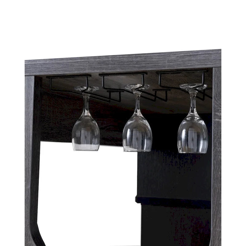 Table de bar avec étagères latérales à 3 niveaux et supports à verres à vin, grise